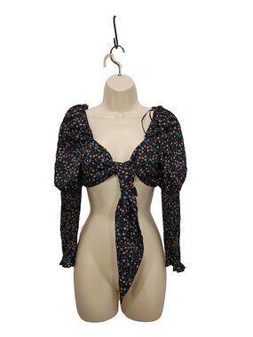 Fashion Nova Blouse Womens Large Black Floral Print Long Sleeve